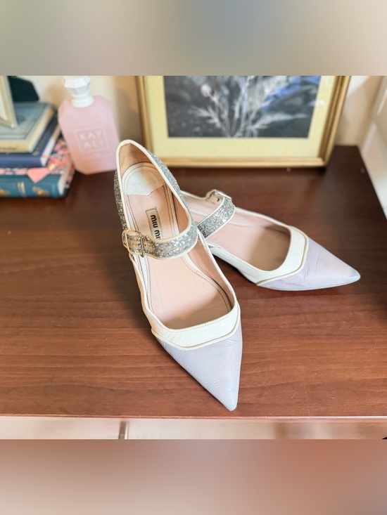 Miu Miu Shoes - Miu Miu Mary Jane Sparkle White Gray Leather Ballet Flats | Size 7